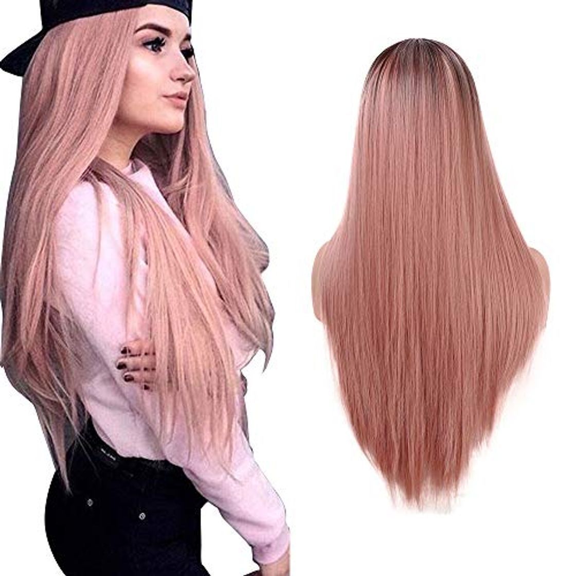 Social Peluca Rosada para Mujeres Ombre Sedosa Peluca Lisa Larga 22 Pulgadas Línea Natural Parte Media Peluca Sintética para Mujeres Fiesta Halloween Disfraz