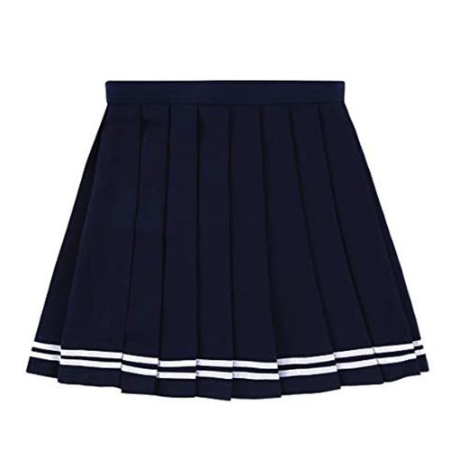 IEFIEL Falda Plisada Mujer Mini Falda Escolar Falda Corta Colegiala Uniforme Falda Escocesa Cintura Alta Elática para Chicas Azul Rayas M