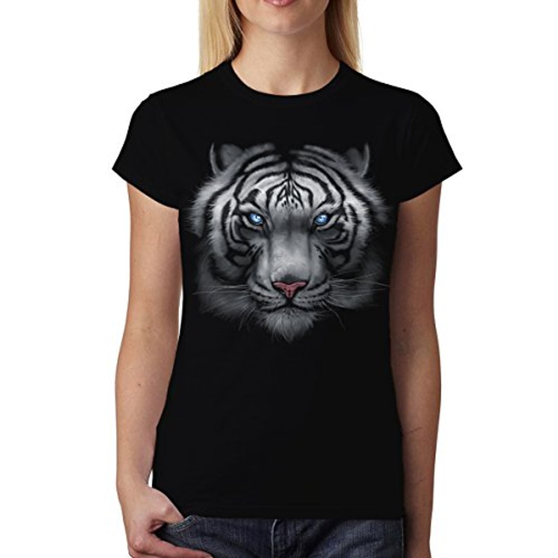 Moda Blanco Tigre Animales Azul Ojos Mujer Camiseta Negro M