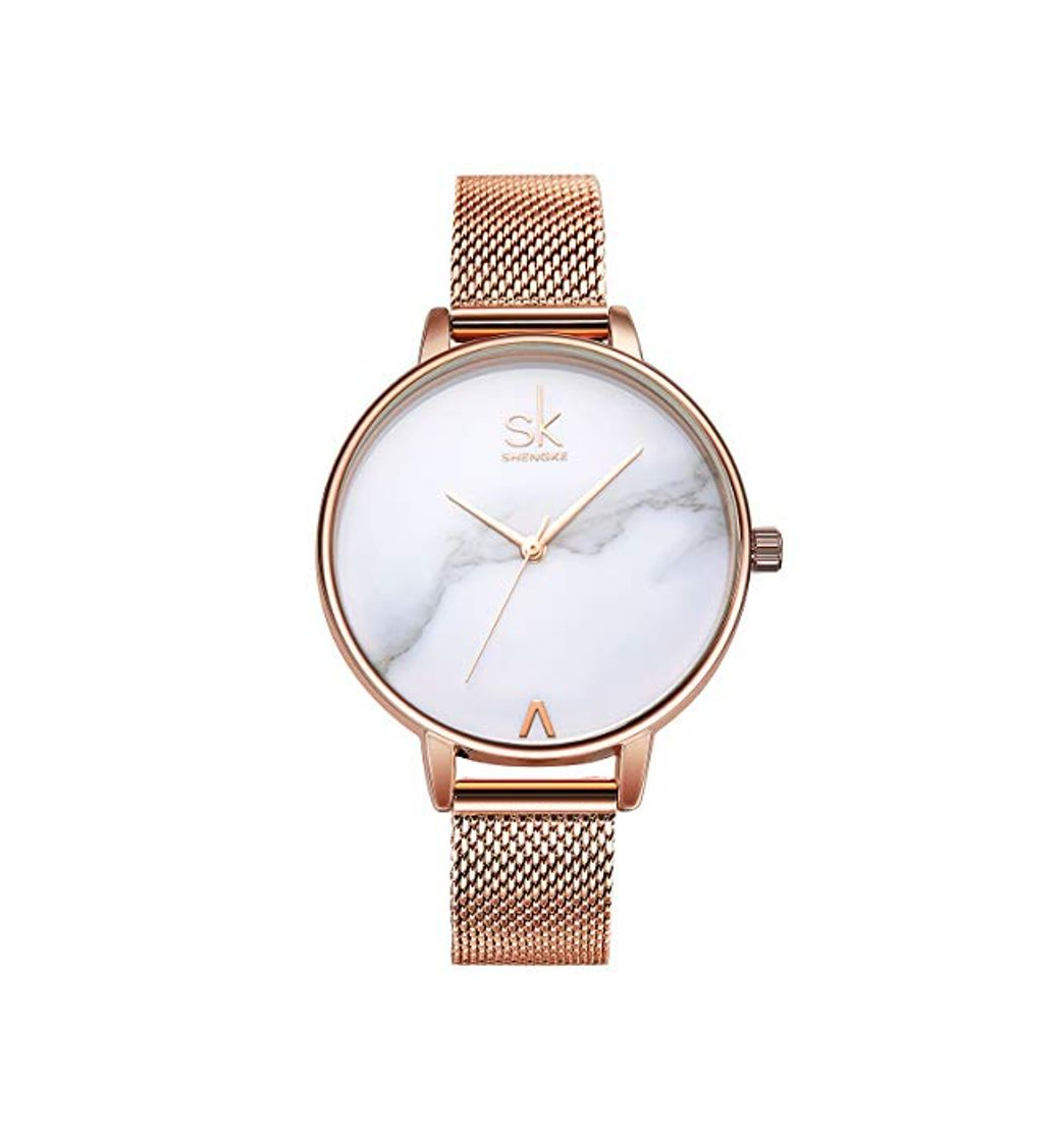 Social Alienwork Reloj Mujer Relojes Acero Inoxidable Banda de Malla Metálica Oro Rosa Analógicos