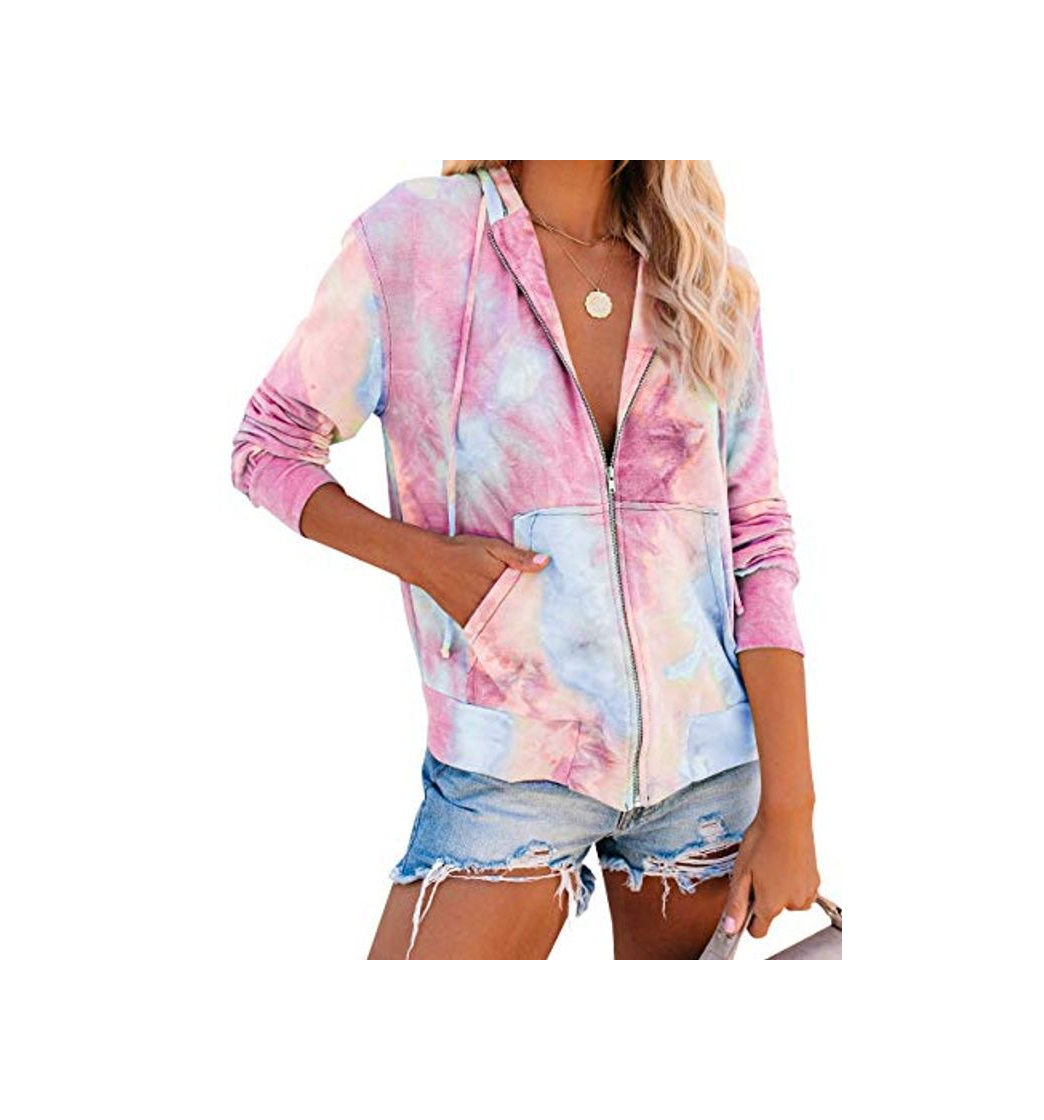 Moda YOINS Sudadera con Capucha Mujer Tie Dye Casual Suéter con Cremallera Tops de Manga Larga Invierno Estampada de Moda Rosado M