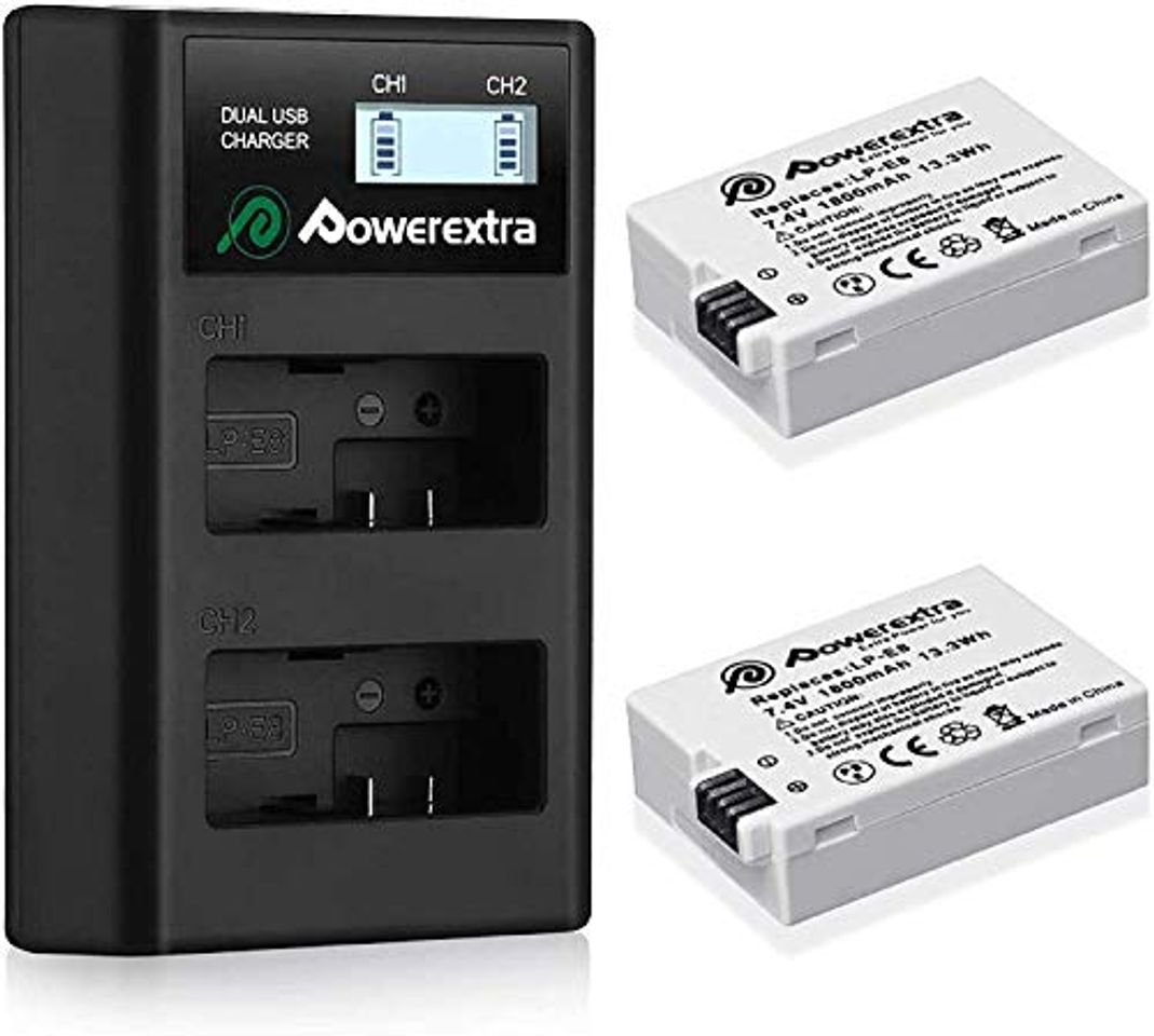 Electrónica Powerextra 2 Baterías para Canon LP-E8 1800mAh Li-ion con Cargador Pantalla LCD