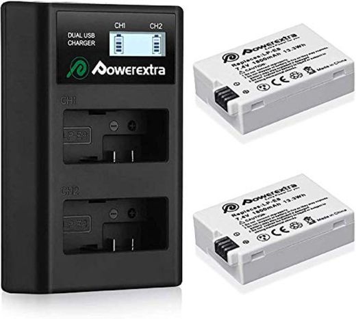 Powerextra 2 Baterías para Canon LP-E8 1800mAh Li-ion con Cargador Pantalla LCD