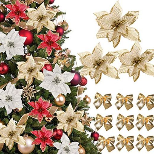 48 Pcs)24 Piezas Flores Artificiales para Navidad con Purpurina Flores Pascua Flores