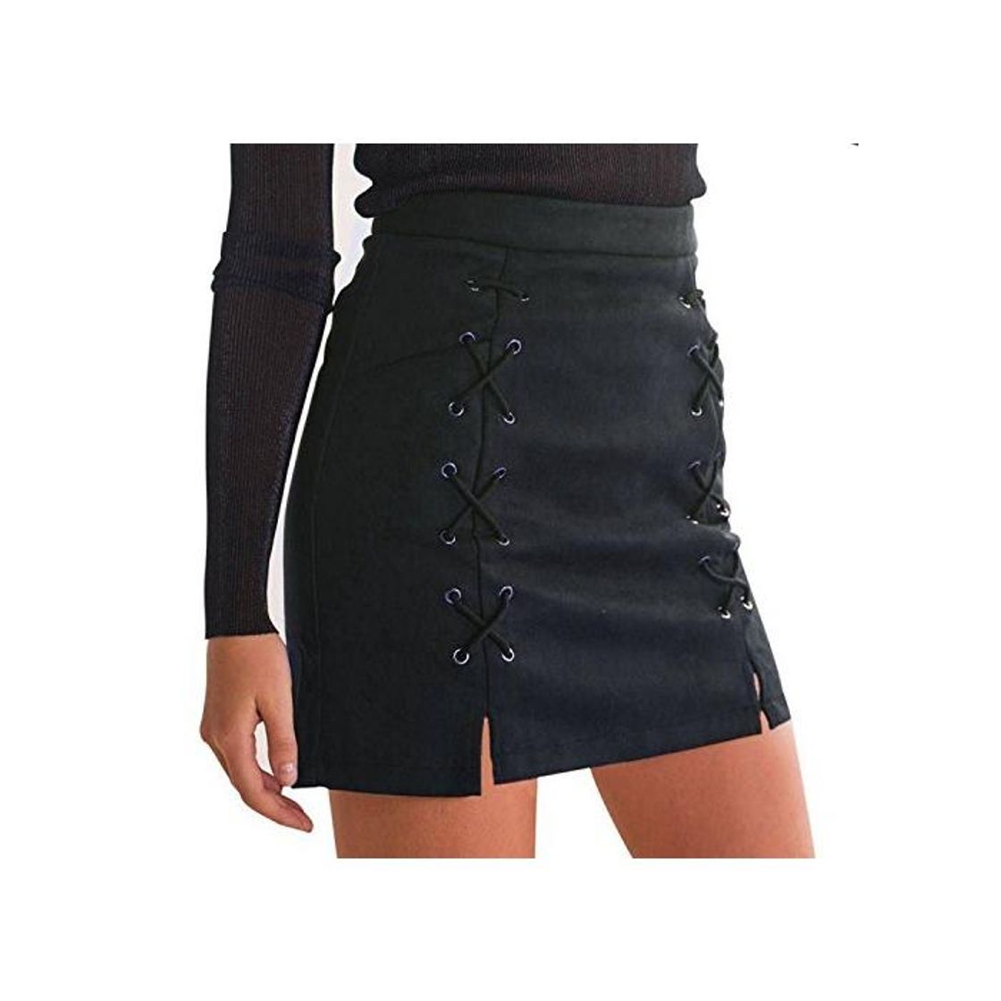 Moda Minetom Mujer Chicas Ante Cintura Alta Delgado Bandas Minifalda Primavera Verano Moda Corto Vestidos Una línea Falda Mini Skirt Negro EU M