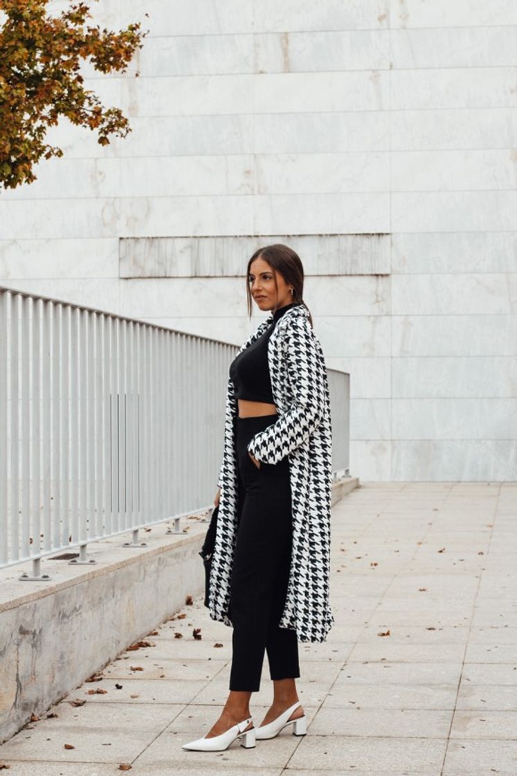 Fashion Houndstooth Lapel Longline Coat