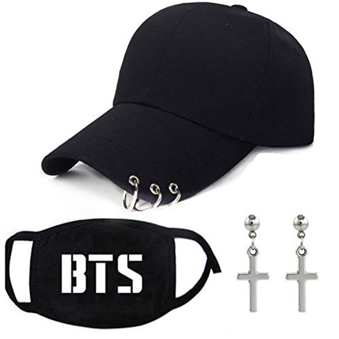 Belleza PPX BTS Bangtan Boys Gorra de béisbol Sombrero para el sol deportivo con máscara facial BTS y 2 piezas de pendientes cruzados KpoP para niños y niñas