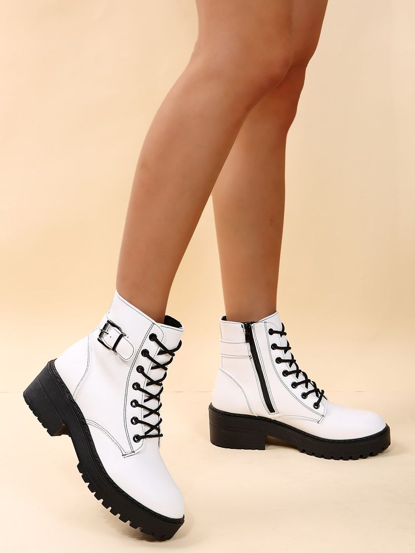 Fashion Botas de combate com zíper lateral com detalhes de fivela