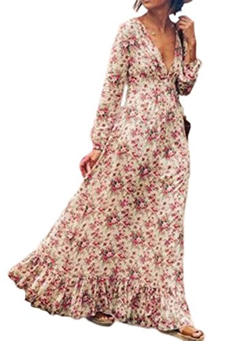 Lugar Women 's Bohemian Floral Print Long Sleeve V Neck Long Maxi Dress