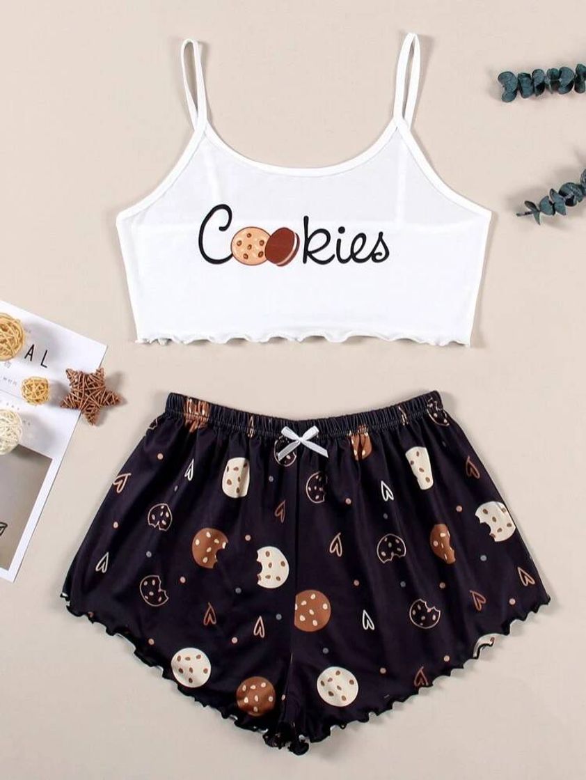 Fashion Cookies And Letter Graphic Lettuce Trim Cami Pajama Set | SHEIN ...