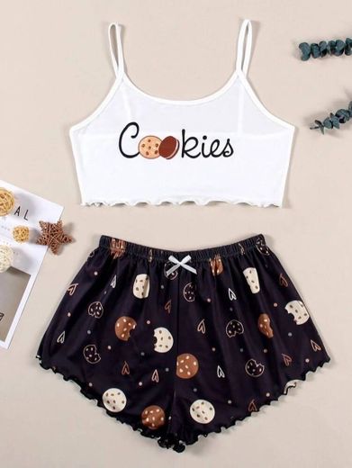 Cookies And Letter Graphic Lettuce Trim Cami Pajama Set | SHEIN ...