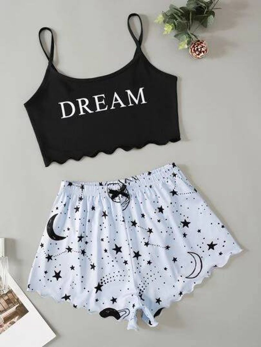 Fashion Letter & Galaxy Print Scallop Trimed Crop Cami Top & Shorts PJ Set ...