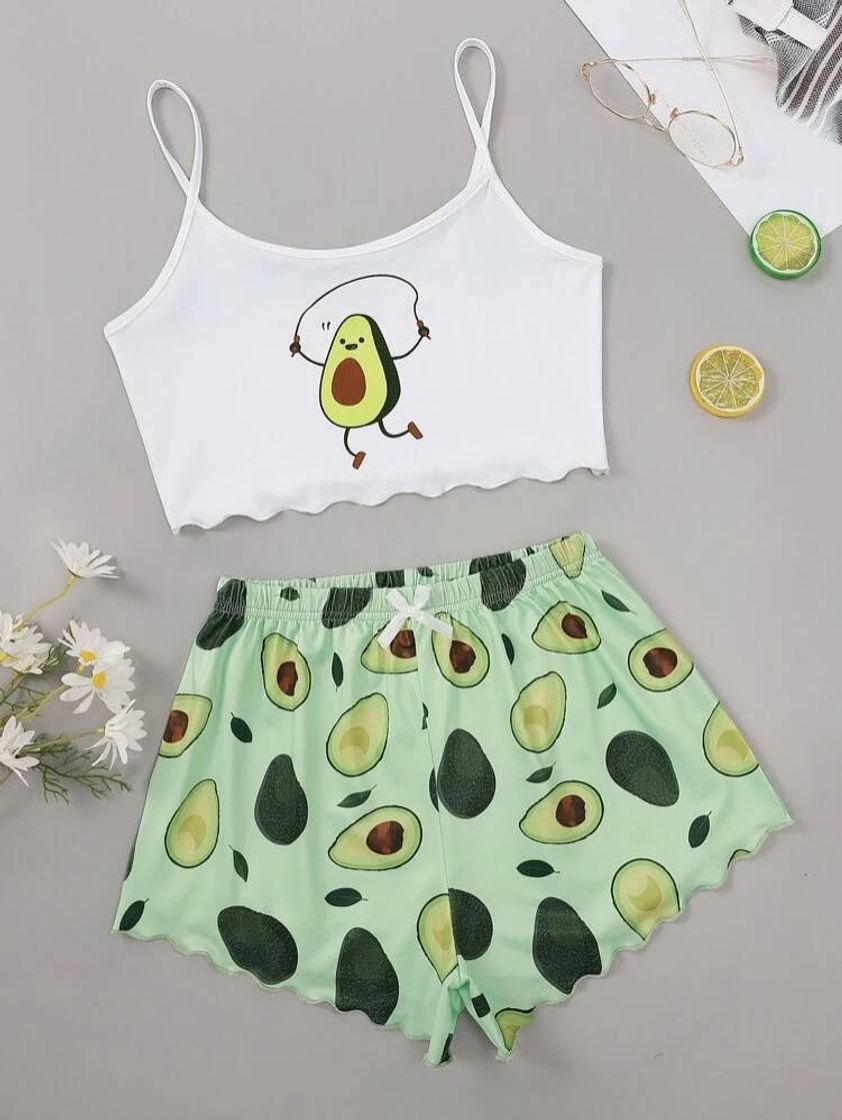 Fashion Cartoon Avocado Print Lettuce Trim Cami Pajama Set | SHEIN USA