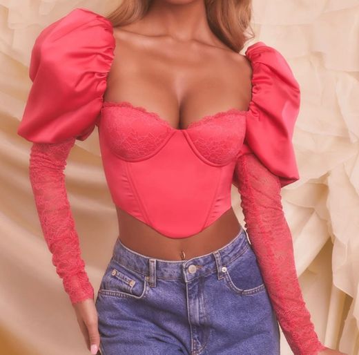 SATIN LACE CROP TOP IN HOT PINK