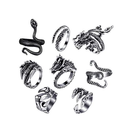 Hicarer 8 Piezas Anillos Punk Vintage Anillo Ajustable de Pulpo Dragón Serpiente