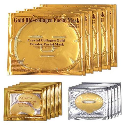 Aliver 24k Gold Bio-collagen Face Facial Mask + Gold Collagen Moisturizing Neck Mask + 2pairs Gold Powder Eye Mask+ 2pcs Gold Lip Mask (2sets