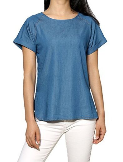 Allegra K Bulsa Vaquero Chambray para Mujer Mangas De Raglán Cuello Redondo Azul L