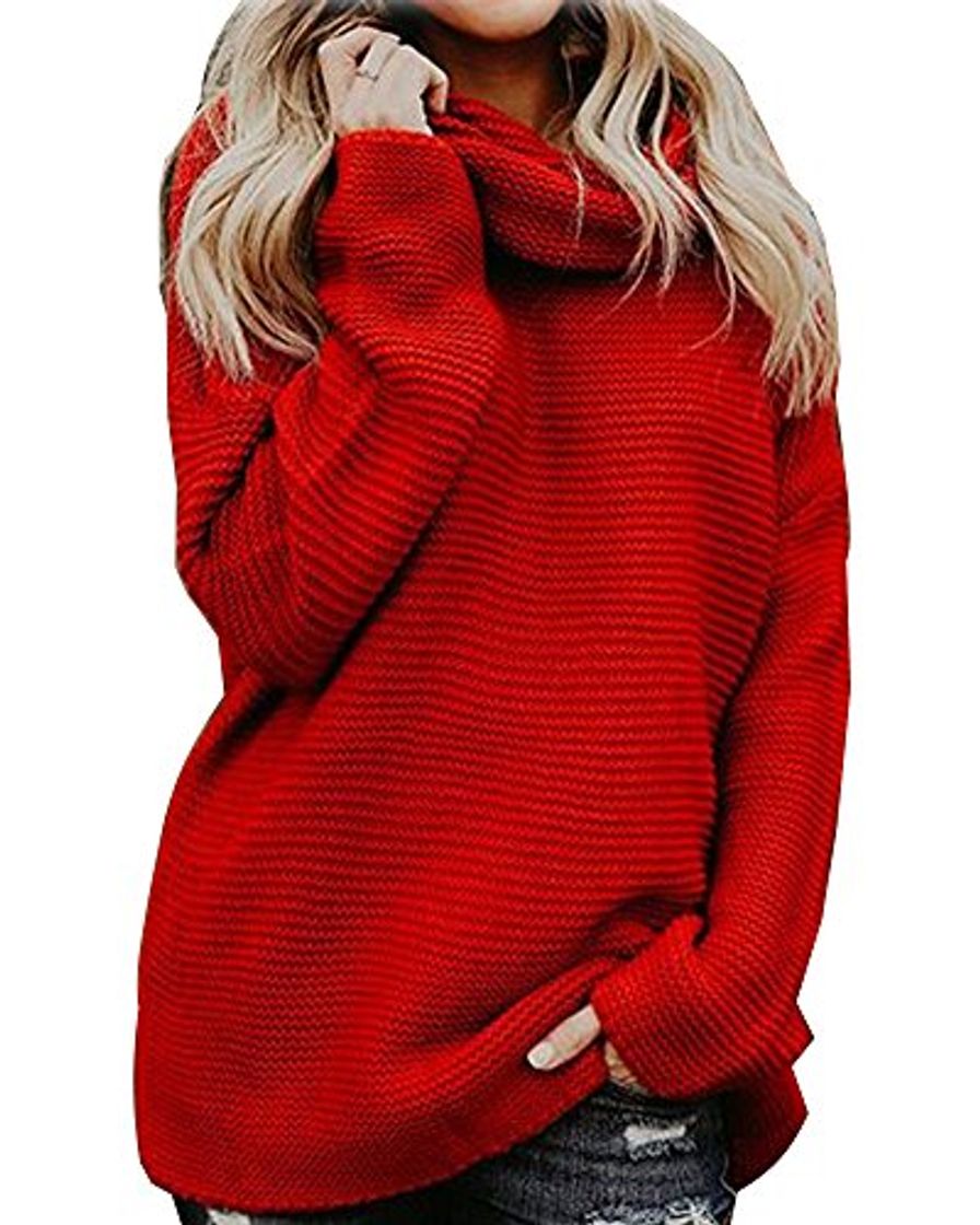 Moda ShallGood Mujer Otoño E Invierno Jersey Long Pullover Suéter Punto Texturizado con Cuello Alto Elegante Clásico Suéter Manga Larga Suelto Jumper Tops Rojo ES 40