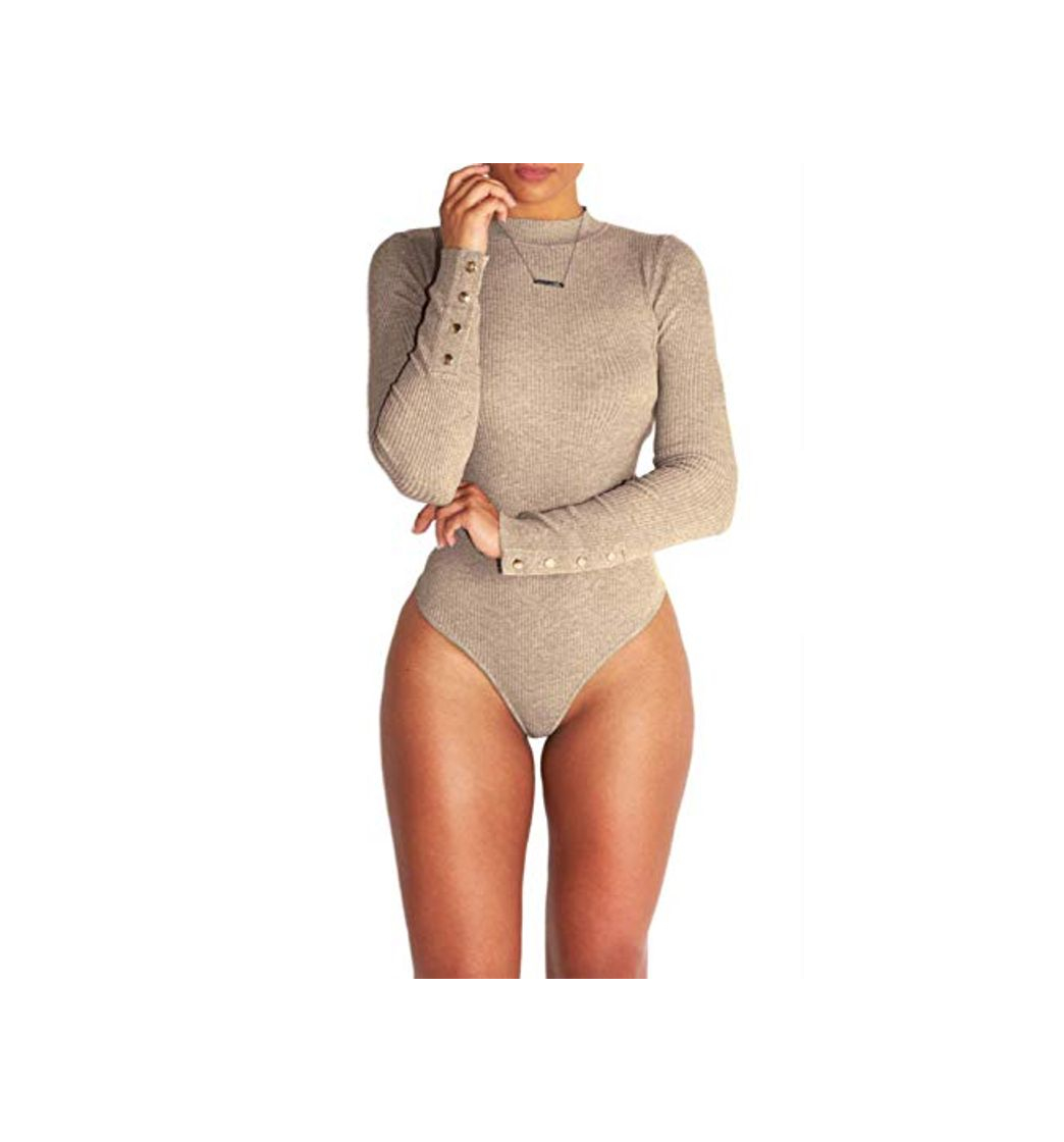 Moda Mujer Body elástico Monos De Manga Larga Ajustados De Otoño Invierno Bodycon Jumpsuits Caqui M