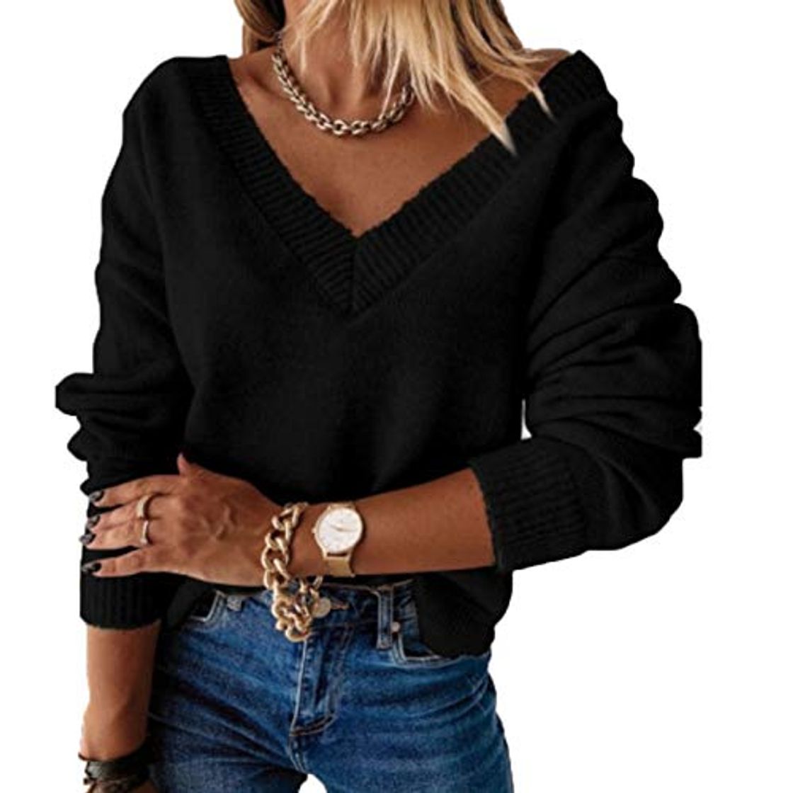 Moda Jerséis de Mujer Otoño Invierno Ligeros cálidos de Punto con Cuello en V Jerseys Sueltos para Mujer Color sólido Casual suéteres de Manga Larga