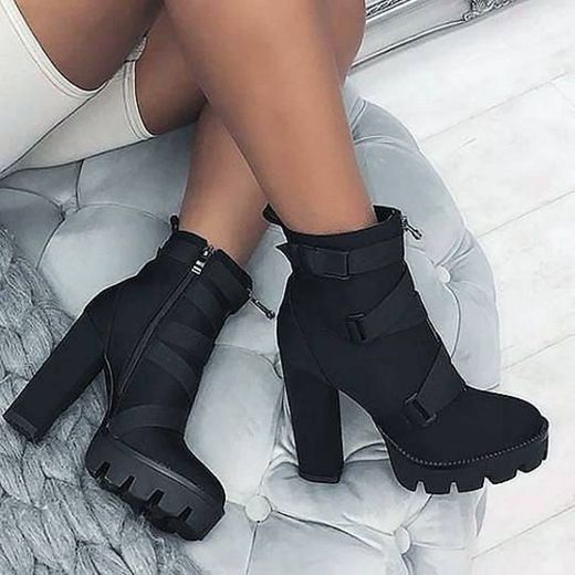 Black Lycra Chunky heeled boots