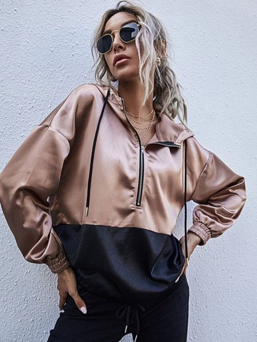 Social Half Zip Two Tone Drawstring Hoodie | SHEIN USA