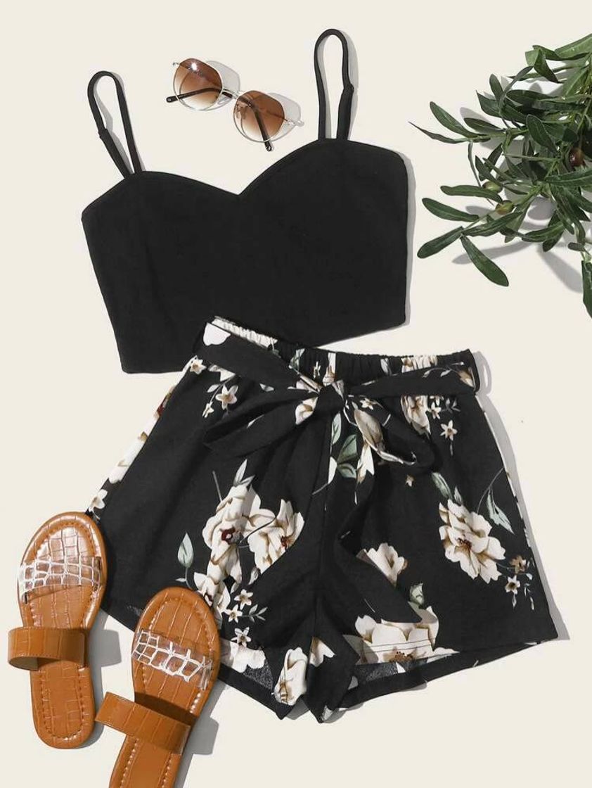 Social Conjunto Top De Tirante Corto Unicolor Con Shorts Con 