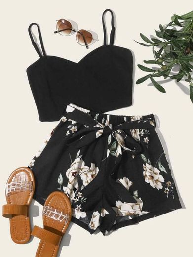 Conjunto Top De Tirante Corto Unicolor Con Shorts Con 