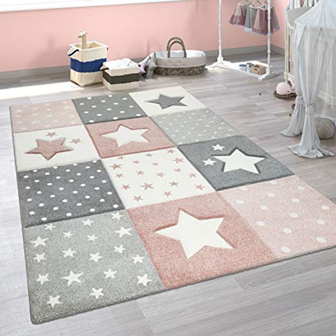 Product Paco Home Alfombra Infantil Moderna Pastel Cuadros Estrellas Lunares Diseño En Rosa