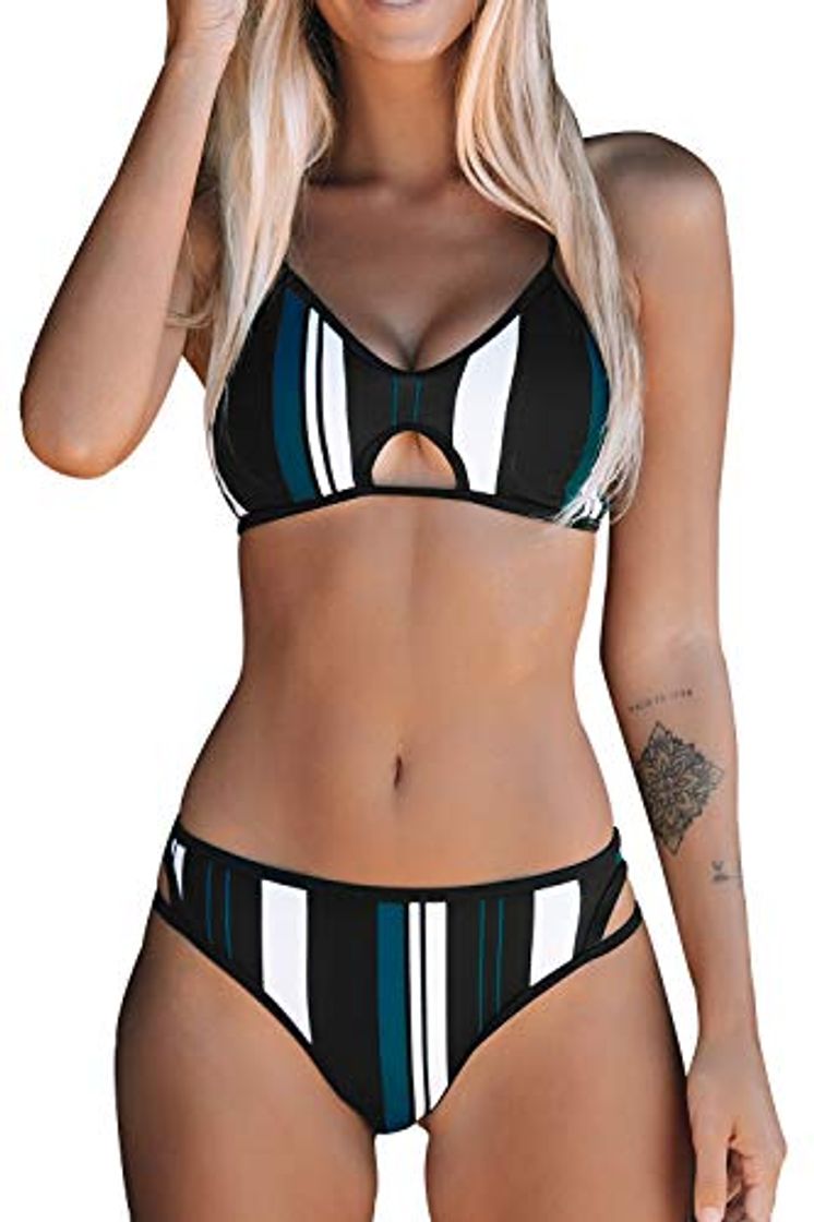 Social CUPSHE Mujer Bikini Rayas Azul Blanco y Negro