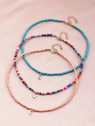 3 peças Moon & Star Charm Colar de Contas | SHEIN Brasil