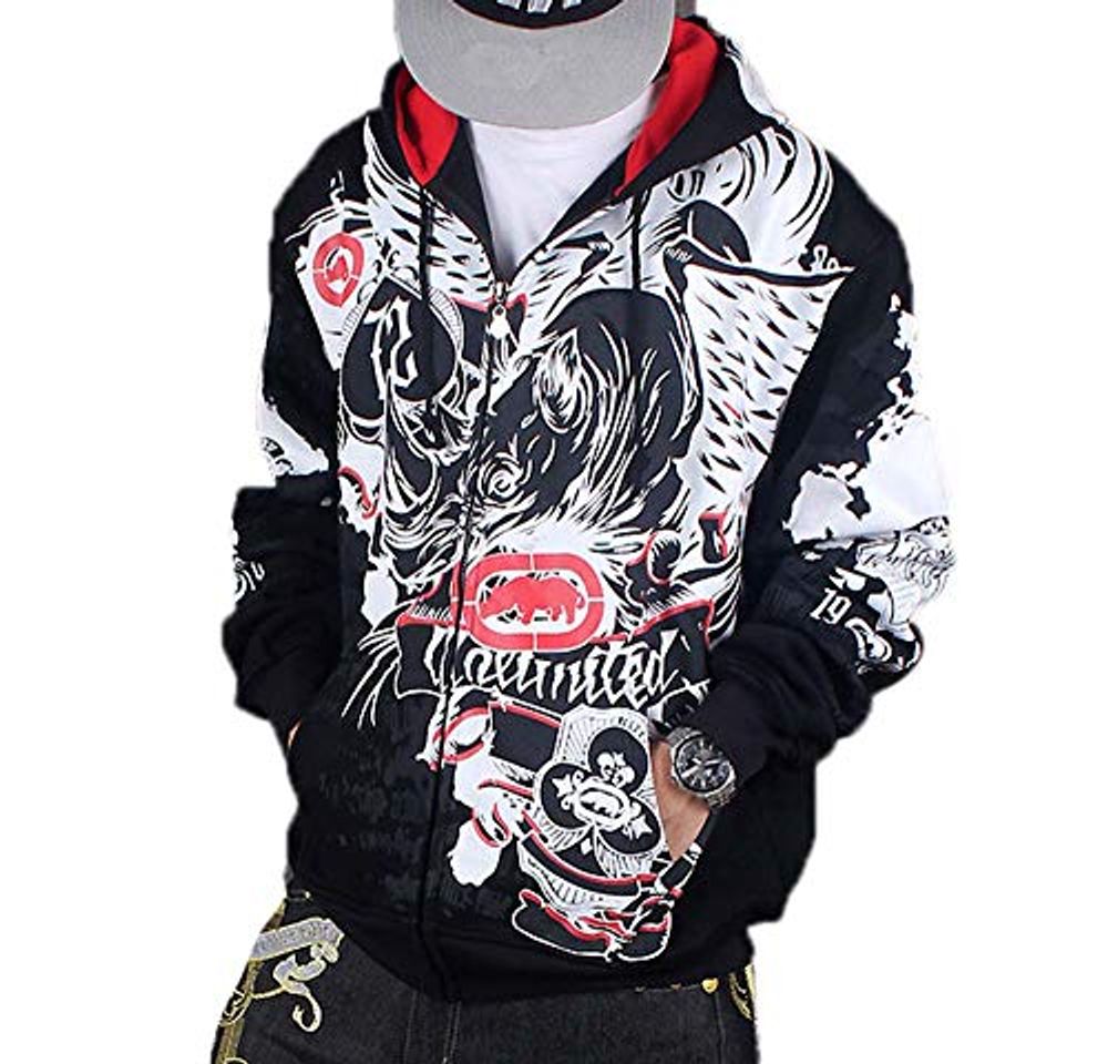 Fashion Chaqueta de Graffiti de Moda para Hombre Hip Hop Cremallera con Capucha y suéter de Terciopelo