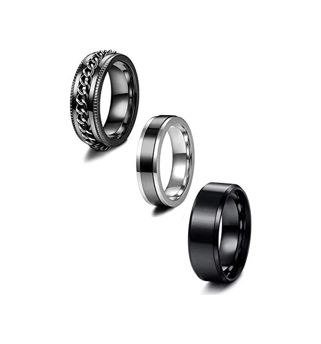 Belleza LOLIAS 3Piezas Negro Anillos para Hombres Anillos de Acero Inoxidable para Hombres Anillo de Cadena Banda Vintage Anillos para Hombre Anillo Negro Regalo para Hombres