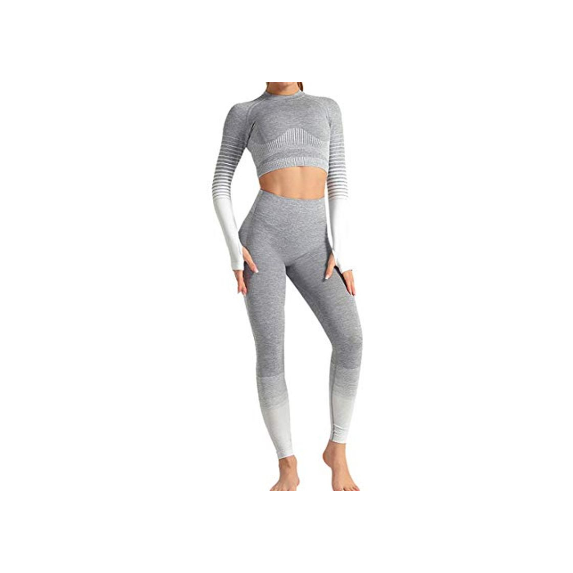 Moda Conjunto Tops Yoga Seamless Gradient Yoga Top de Manga Larga Pantalon Deportivo