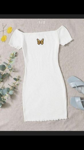 Embroidered Butterfly Graphic Ribbed Dress