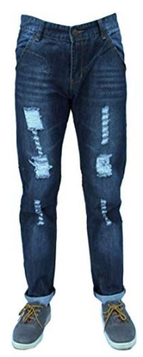 Forever Young Mens Dark Denim Rip Jeans Diseñador Distressed Slim Regular Fit Stretch Jeans de Pierna Recta W38 L34