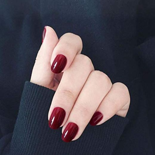 Handcess Uñas postizas ovaladas Vino brillante Presione sobre uñas Uñas cortas rojas Cubierta completa Puntas de uñas falsas para mujeres y niñas