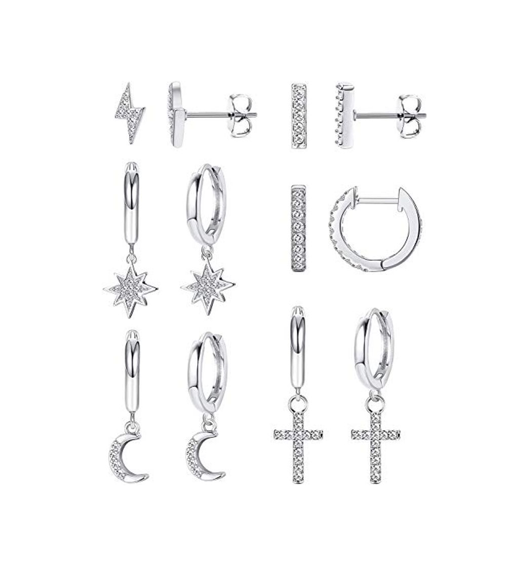 Social LOLIAS 6 Pares Luna Estrella Pendientes Aro Colgantes Cruz Plata 925 para Mujer Arete Pequeños Pendientes Relámpago Barra Pendientes Huggie Pendientes Conjunto Zirconia Cúbica