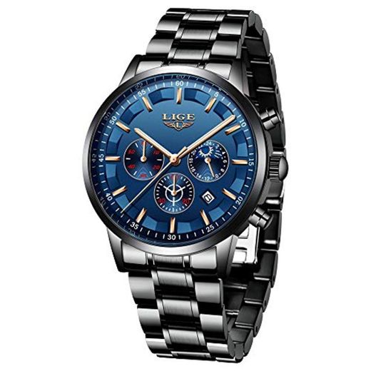 LIGE Relojes para Hombre Moda Acero Inoxidable Deportivo Analógico Reloj Cronógrafo Impermeable