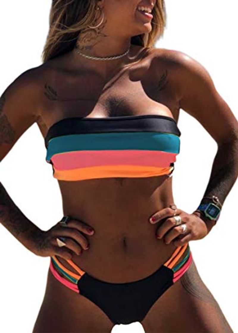 Moda JFAN Mujer Conjunto de Bikini Dividido Colorido Rayas Sin Tirantes Cosido Sujetador