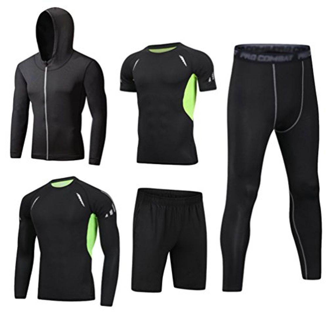 Moda Dooxii Hombre 5 Piezas Secado Rápido Conjunto Compresión Ropa Sudaderas con Capucha y Pantalones Cortos y Leggings y Manga Corta y Manga Larga Tops Apretada para Running Fitness Entrenamiento L