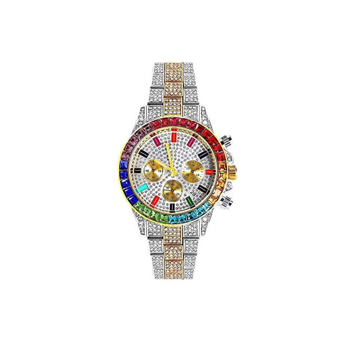 Moda AUkaiqu12 Reloj de Diamantes de Tres Colores para Hombres Reloj de Diamantes Bling Bling Ice out Relojes de Diamantes de imitación Banda de Acero Esfera Redonda Hip Hop analógico Reloj para Hombres