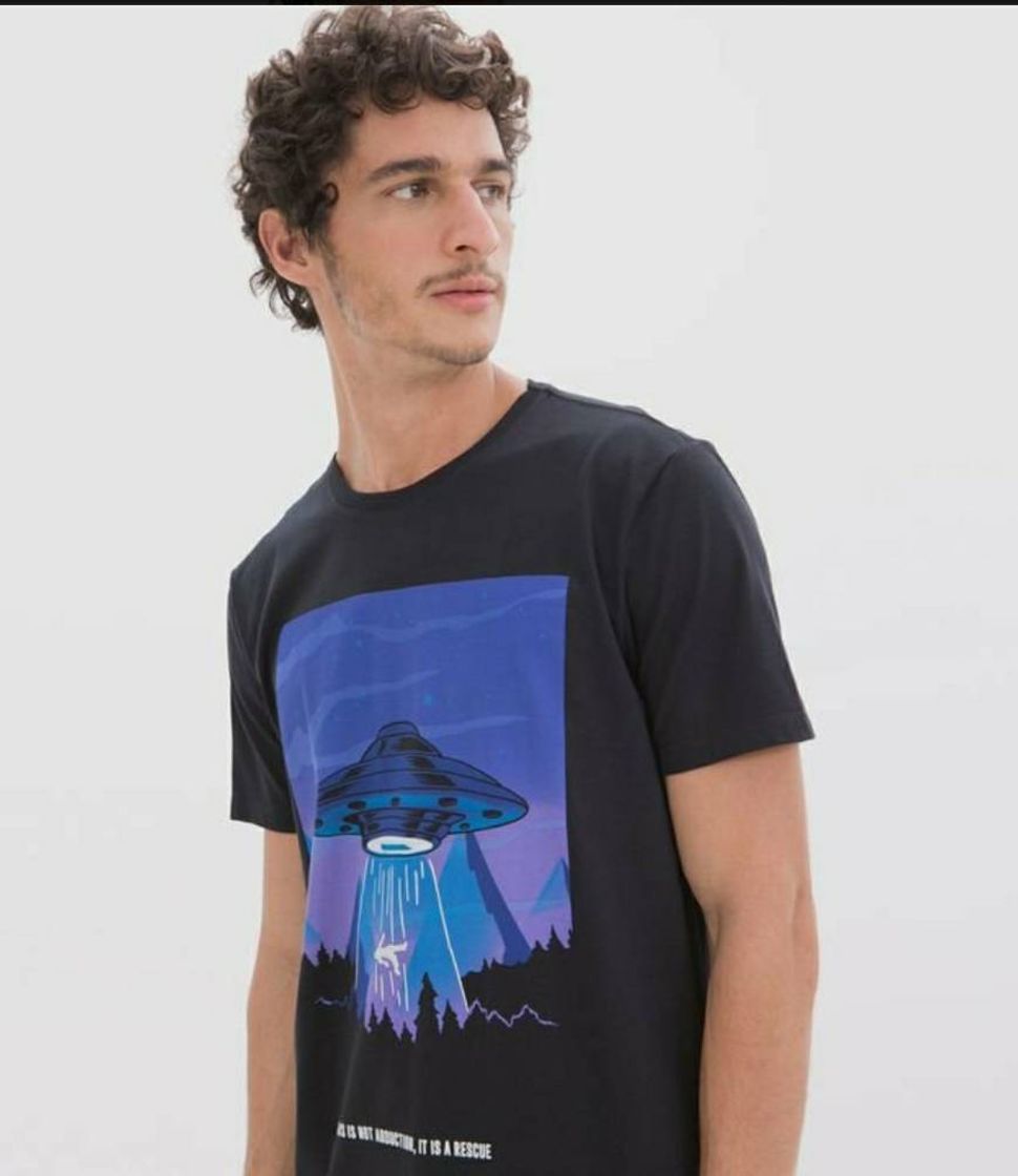 Moda Camiseta Manga Curta Estampa Nave Espacial Preto