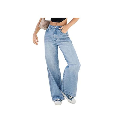Women's Wide Leg Baggy Denim Jeans Casual Mid Waisted Straight Pants Trouser