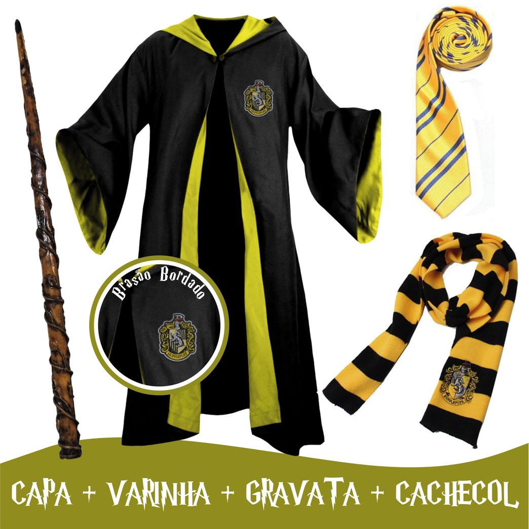 Moda Harry Potter manto lufa lufa, gravata, cachecol e varinha