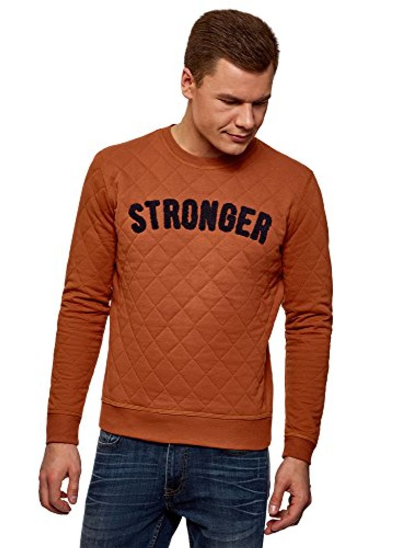 Fashion oodji Ultra Hombre Suéter Acolchado con Estampado, Naranja, ES 52-54