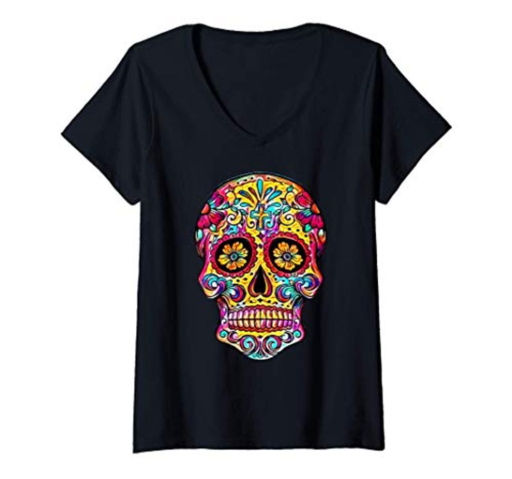 Moda Mujer Sugar Skull Shirt Dia De Los Muertos Day Dead Calavera Gift Camiseta Cuello V