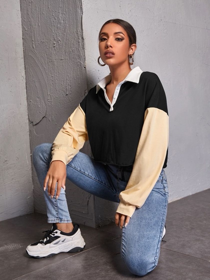 Social SHEIN Camisa polo de color combinado de hombros caídos