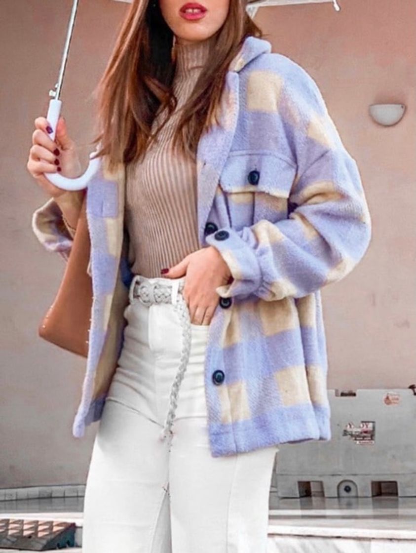 Social ZAFUL Abrigo de Hombro Caído con Bolsillo y Cuadros