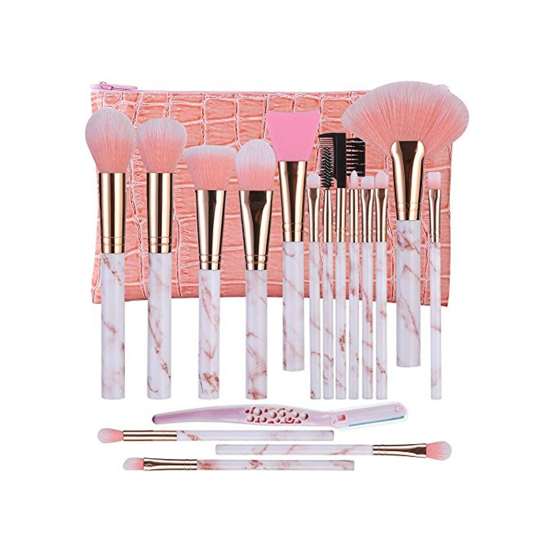 Social Brochas de maquillaje DUAIU 16 piezas Pinceles de maquillaje Set Premium Synthetic Eyeshadow Face Brush Crema líquida con silicona Máscara facial Cepillo Ceja Maquinilla de afeitar PU cosméticos Rosa